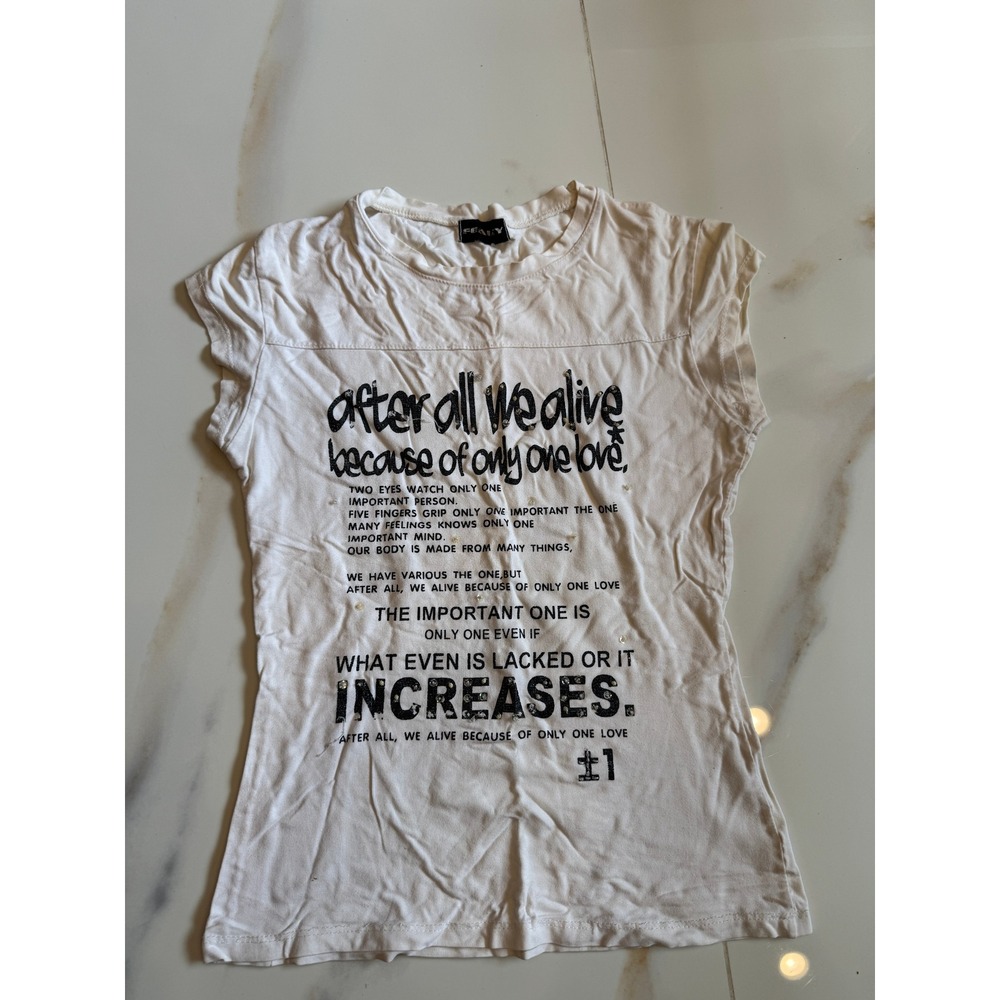 Fealty White Graphic‎ T-Shirt Cap Sleeve Sequin Quote Print Y2K Streetwear Small